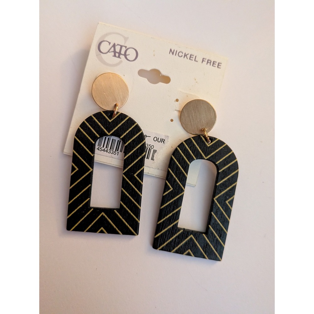 Cato Black Gold Geometric Arch Wood Drop Earrings Nickel Free Boho Statement